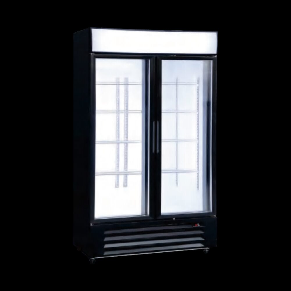 Commercial double door glass showcase chiller refrigerator for global wholesale distribution procurement.