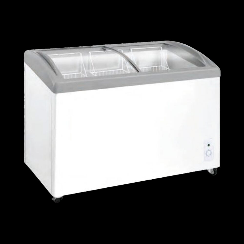 Glass door chest freezer display unit sourced for retail supermarket wholesale networks.