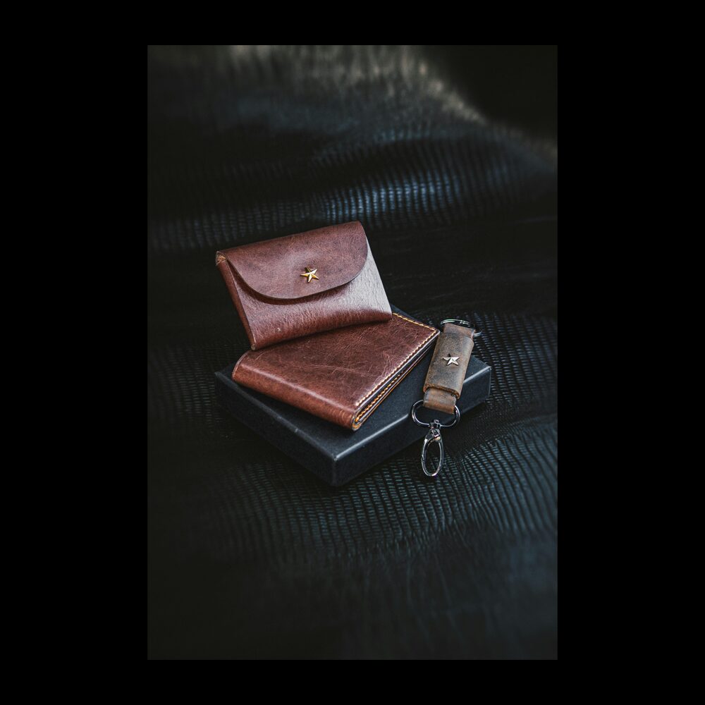 Minimalist leather wallet design and premium presentation gift box layout