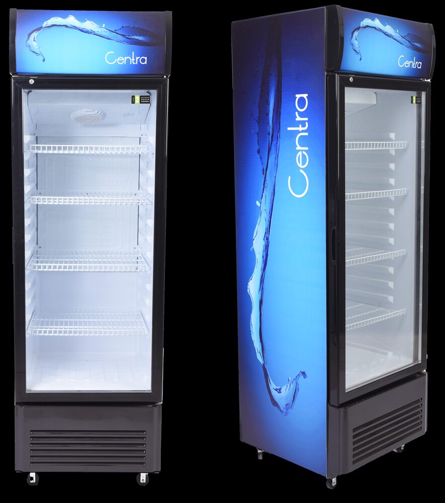 Sourced single door beverage showcase chiller for commercial retail distribution supply chains.