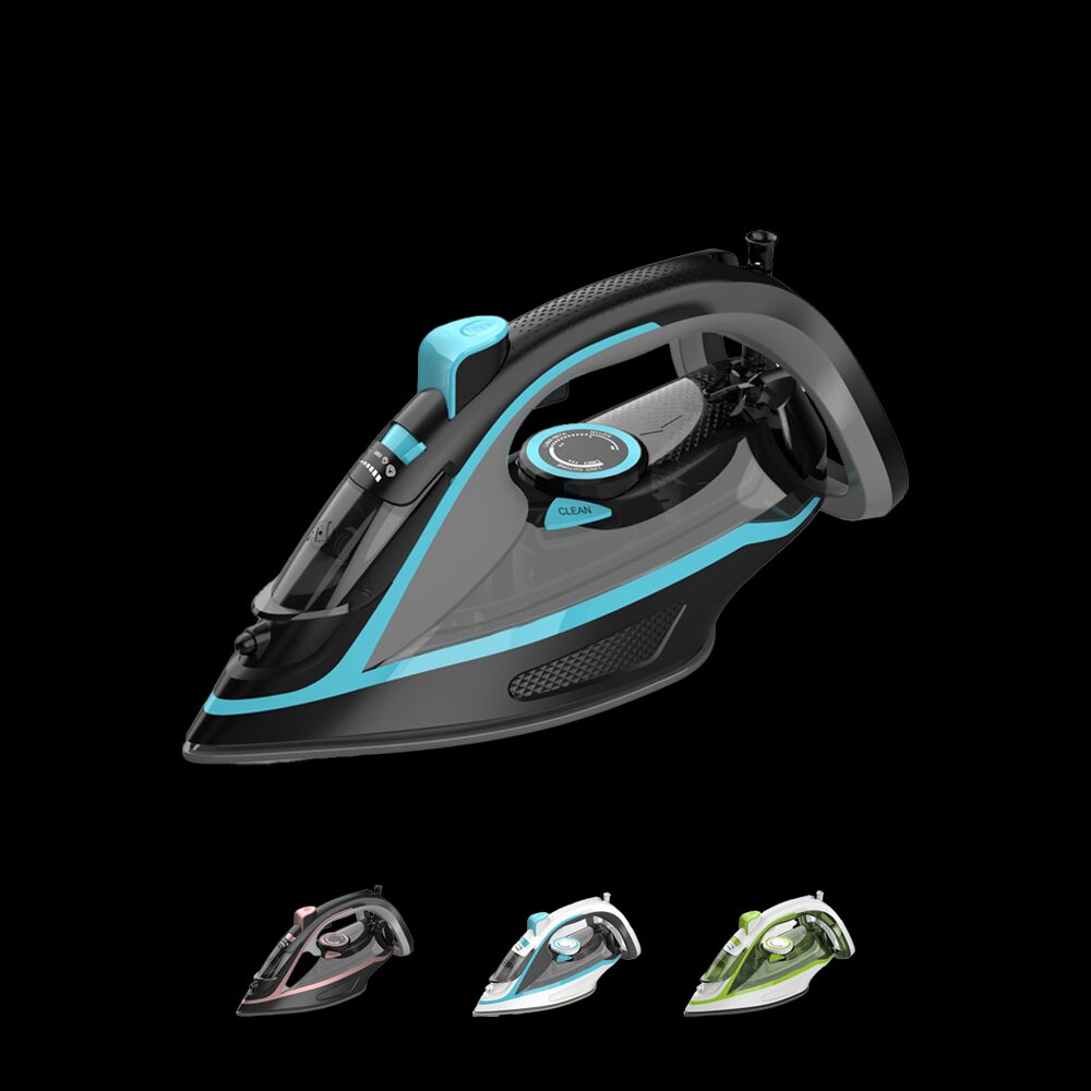 Handheld steam iron appliance with custom brand packaging layout